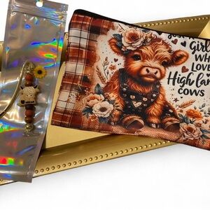 Cute Highland Cow Pouch in Brown and Cream and beaded bookmark